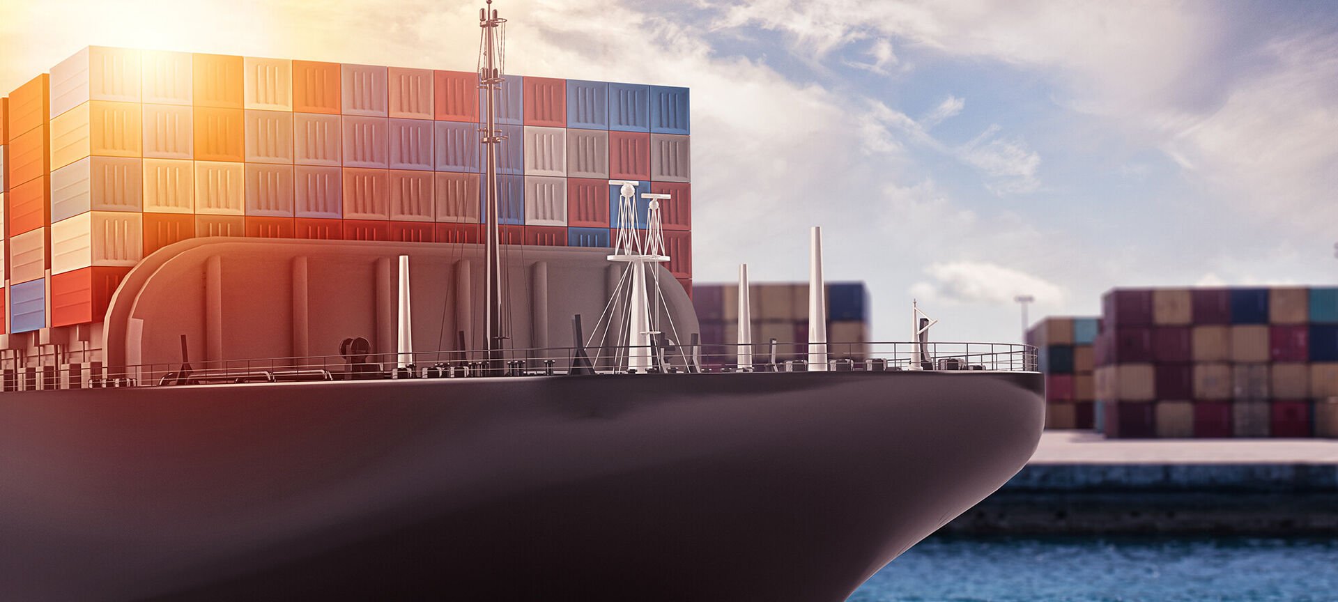 Cargo ship at the port ready to travel with packages. 3d rendering