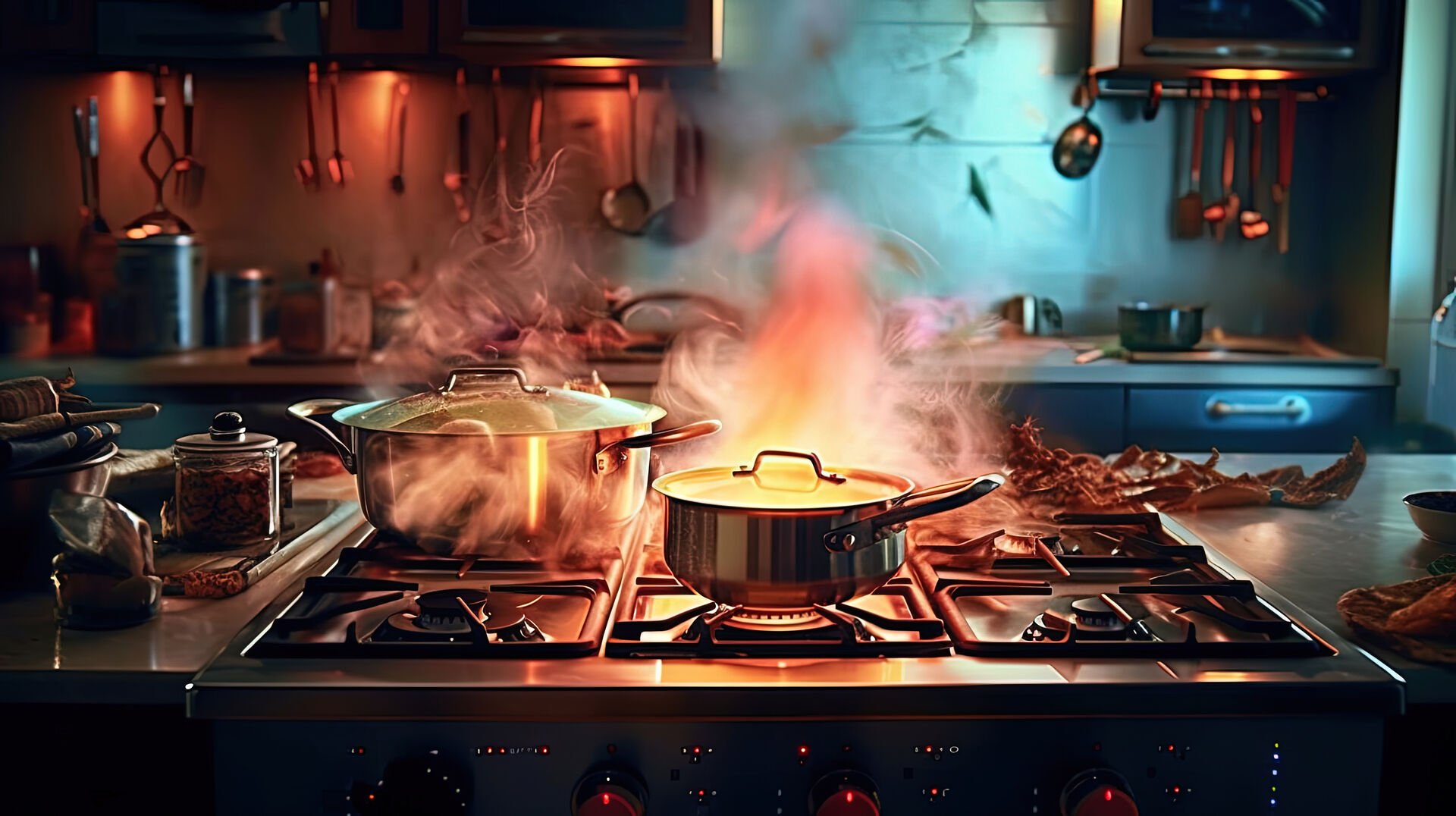 Modern kitchen. Cooks prepare meals on the stove in the kitchen of the restaurant, Generative AI