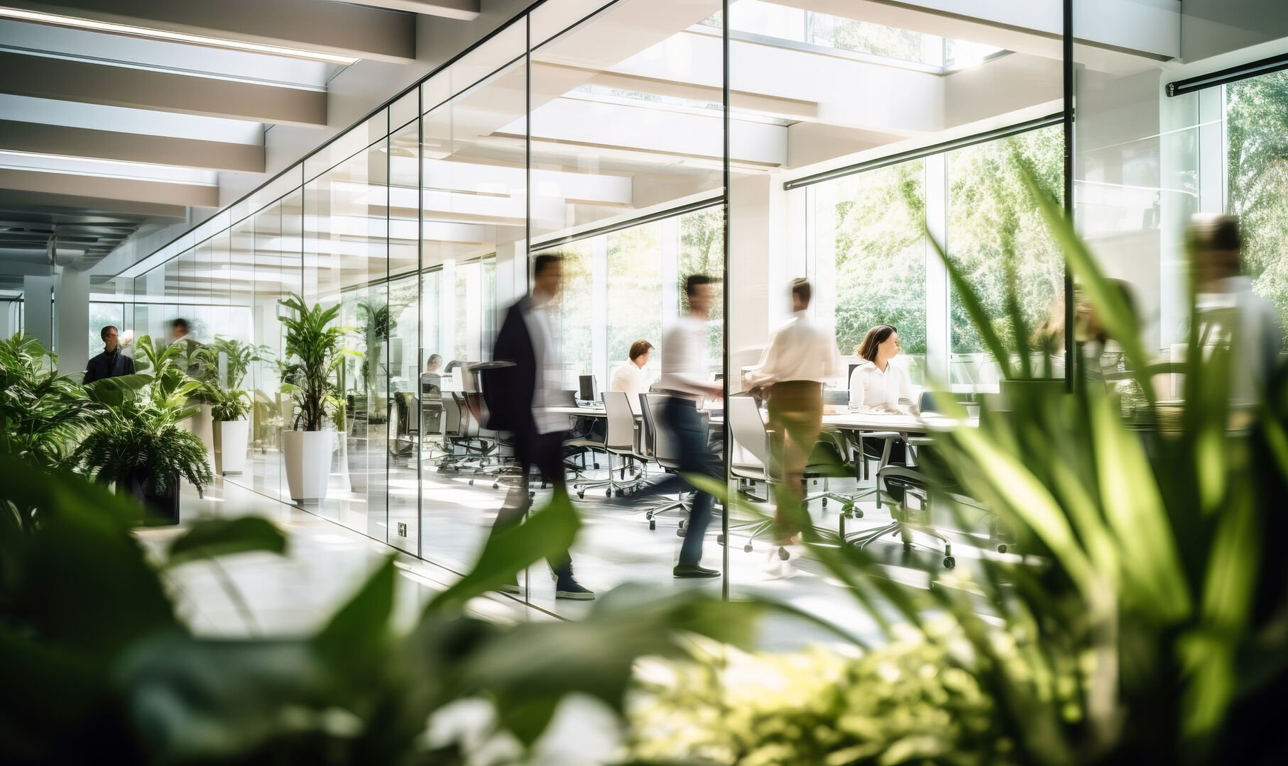 Helles, modernes Büro mit Glaswänden, vielen Pflanzen und Mitarbeitenden in Bewegung sowie an ihren Arbeitsplätzen.