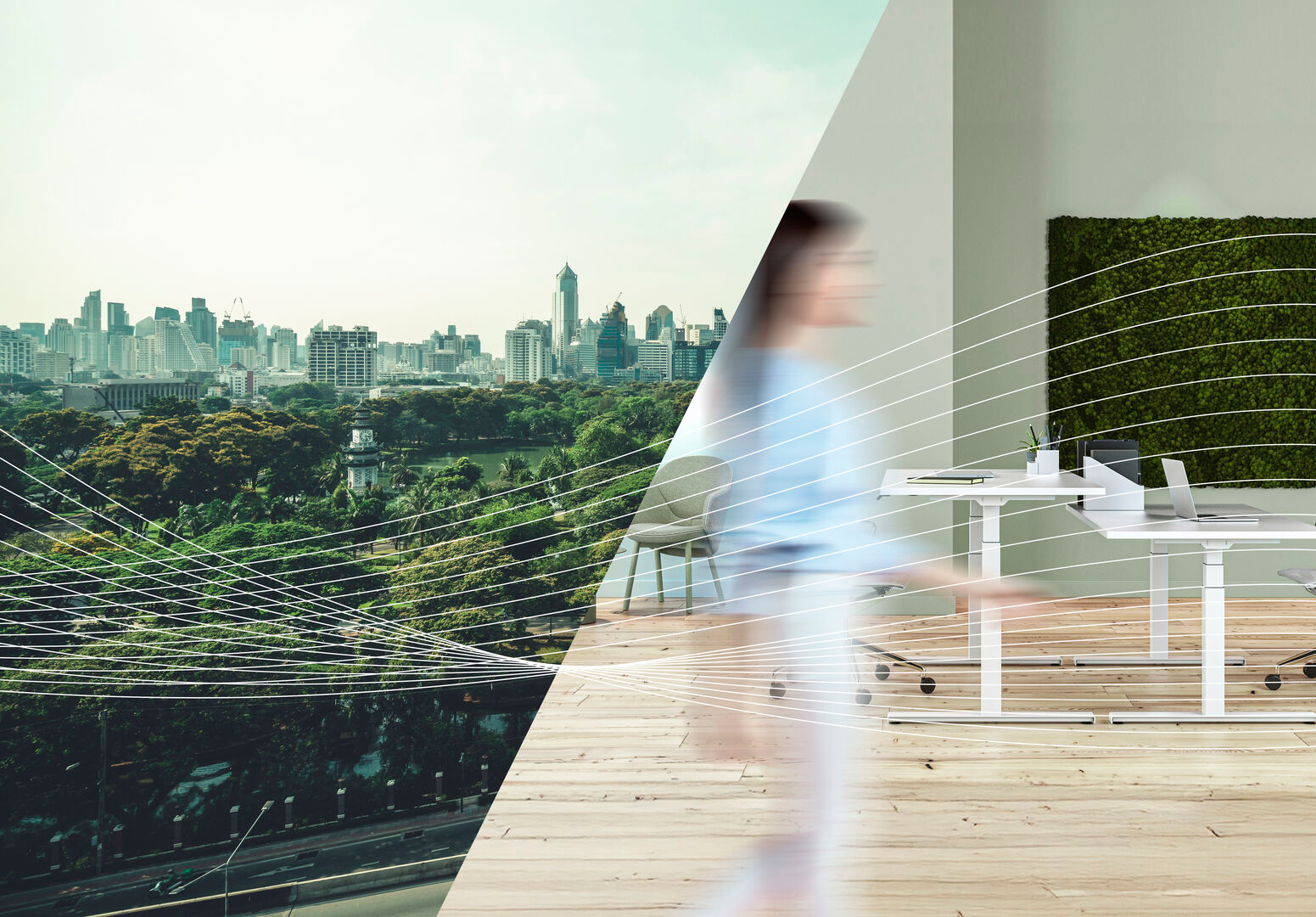 Immagine di una città all’aperto e di un ufficio al chiuso