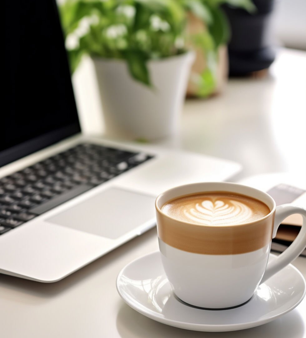 A cup of coffee in front of a laptop