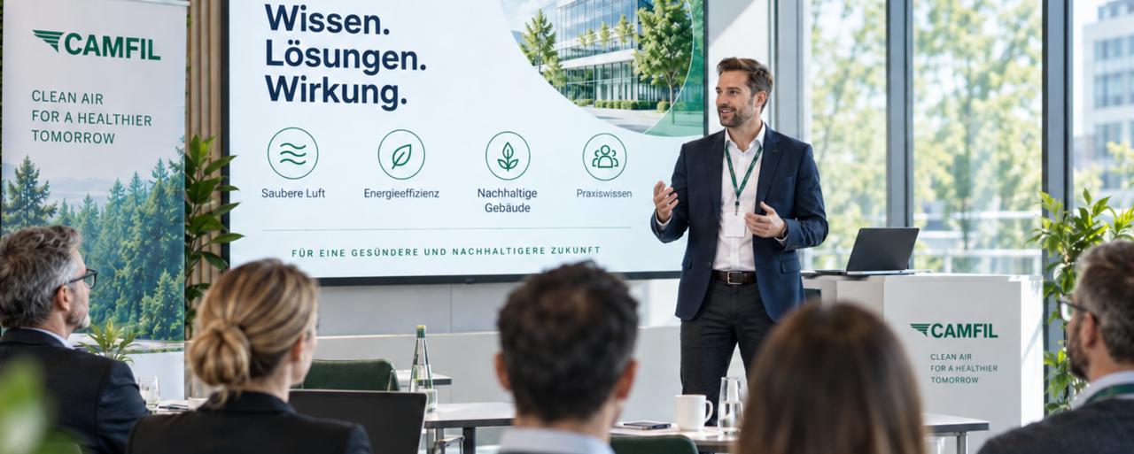 Vortragender bei einer Camfil Filterakdemie-Schulung vor Teilnehmenden mit Präsentation zu sauberer Luft, Energieeffizienz und nachhaltigen Gebäuden.