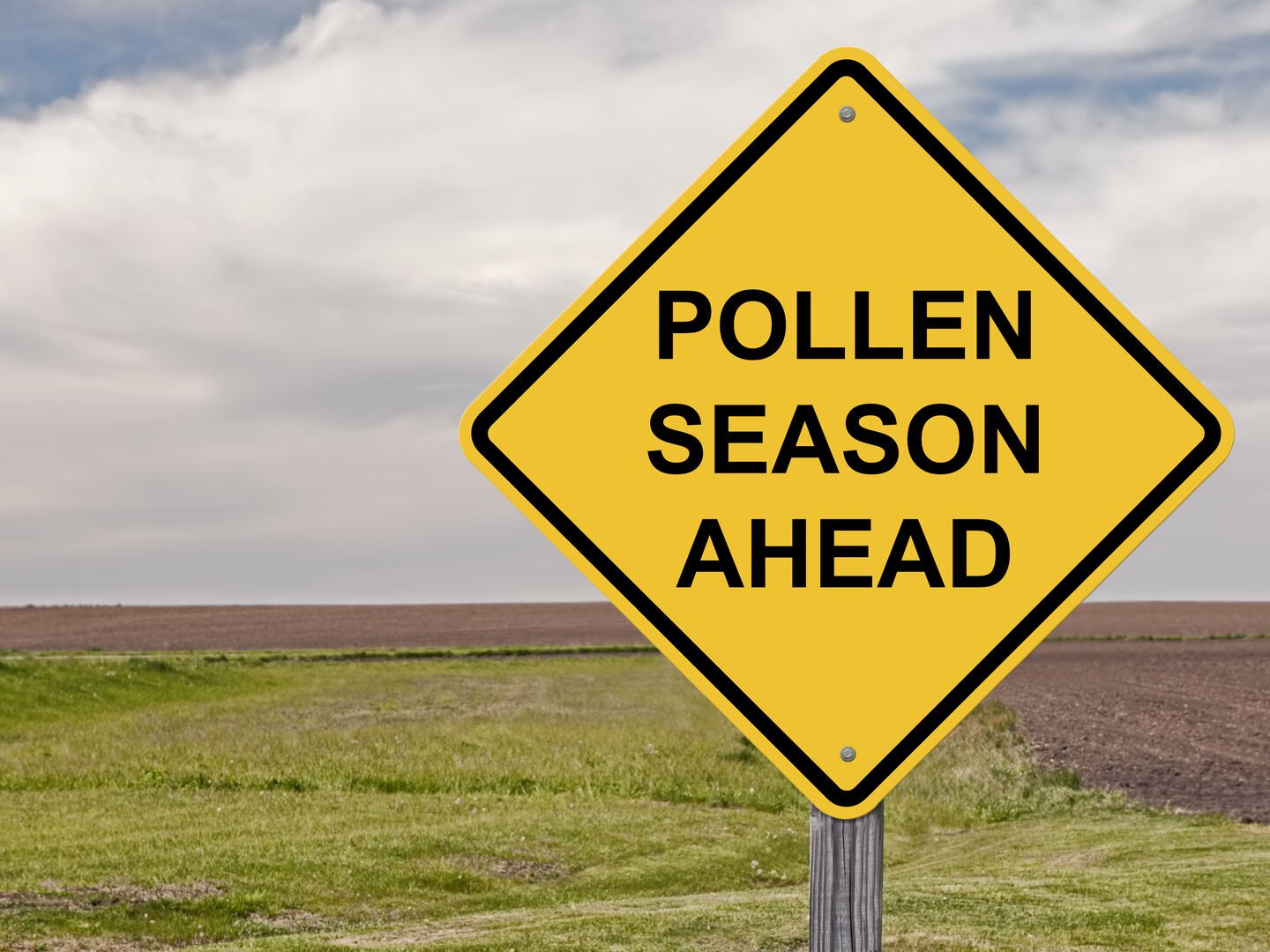 Sigh beside road with warning about pollen season coming up